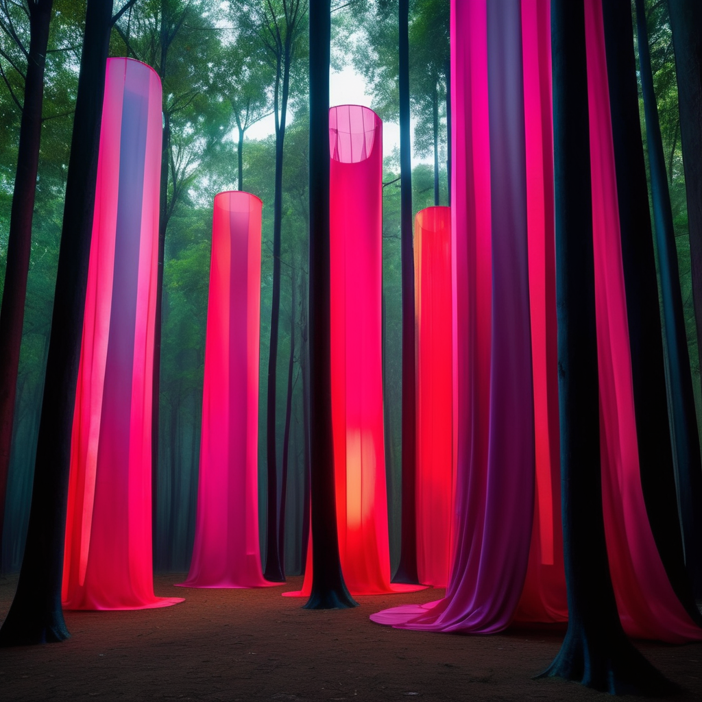 Esculturas de colores vibrantes muy altas hechas de látex y con luz inspiradas en la obra arquitectónica de Luis Barragán cubiertas con tela semitransparente en medio de un bosque muy obscuro