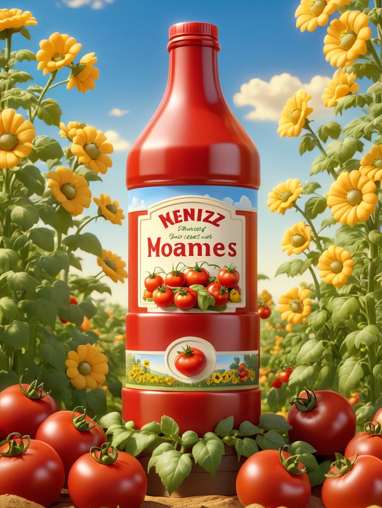 several red tomatoes stacked together forming a Heinz ketchup bottle with some leaves around it, beautiful tomato plantation in the background and a blue sky, short grass and yellow flower + yellow flowers + creamy light + ambient lighting + very beautiful colors