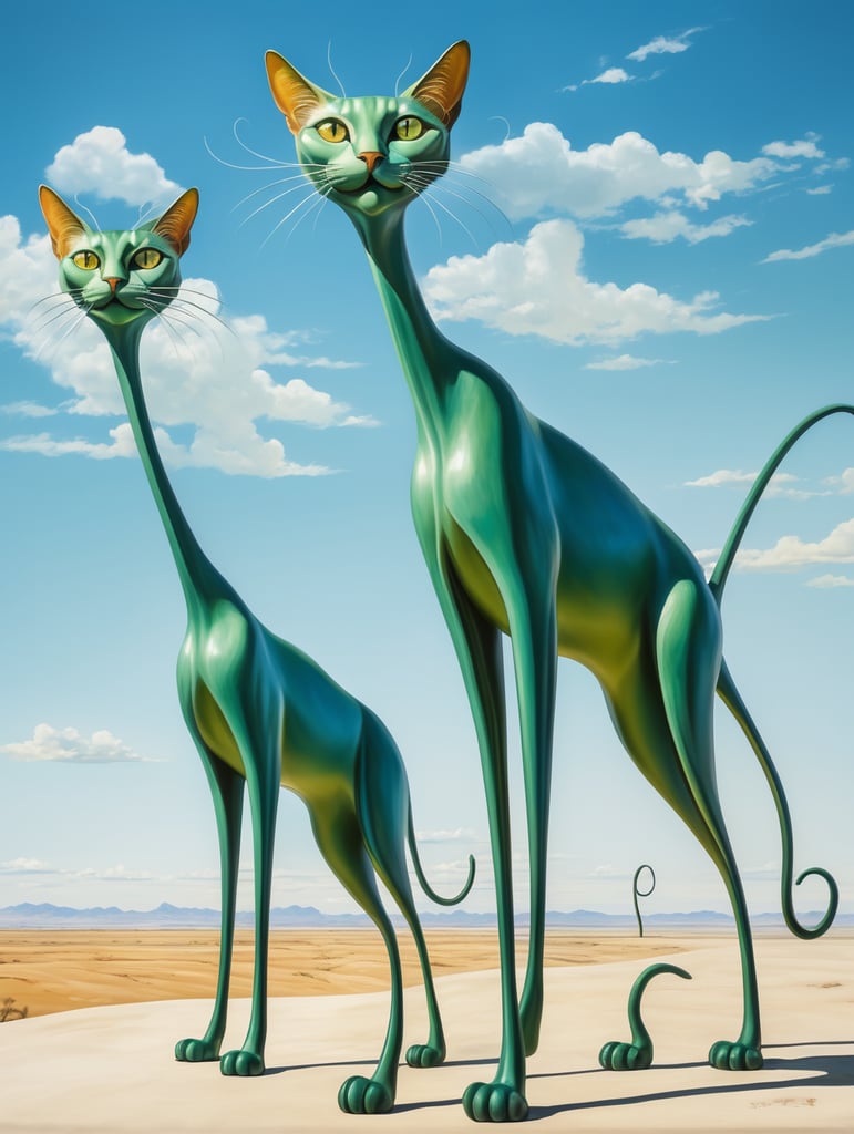 Green cats with very long, thin legs. Painted in the style of Salvador Dali. Blue sky.