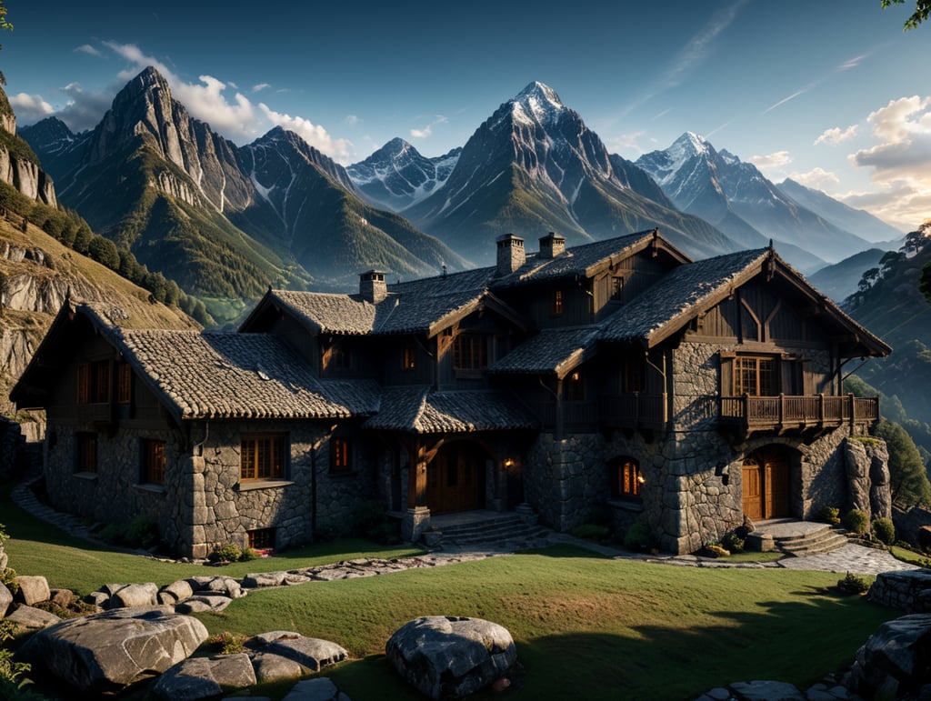 mountain house built of stone, with large windows, mountains in the background