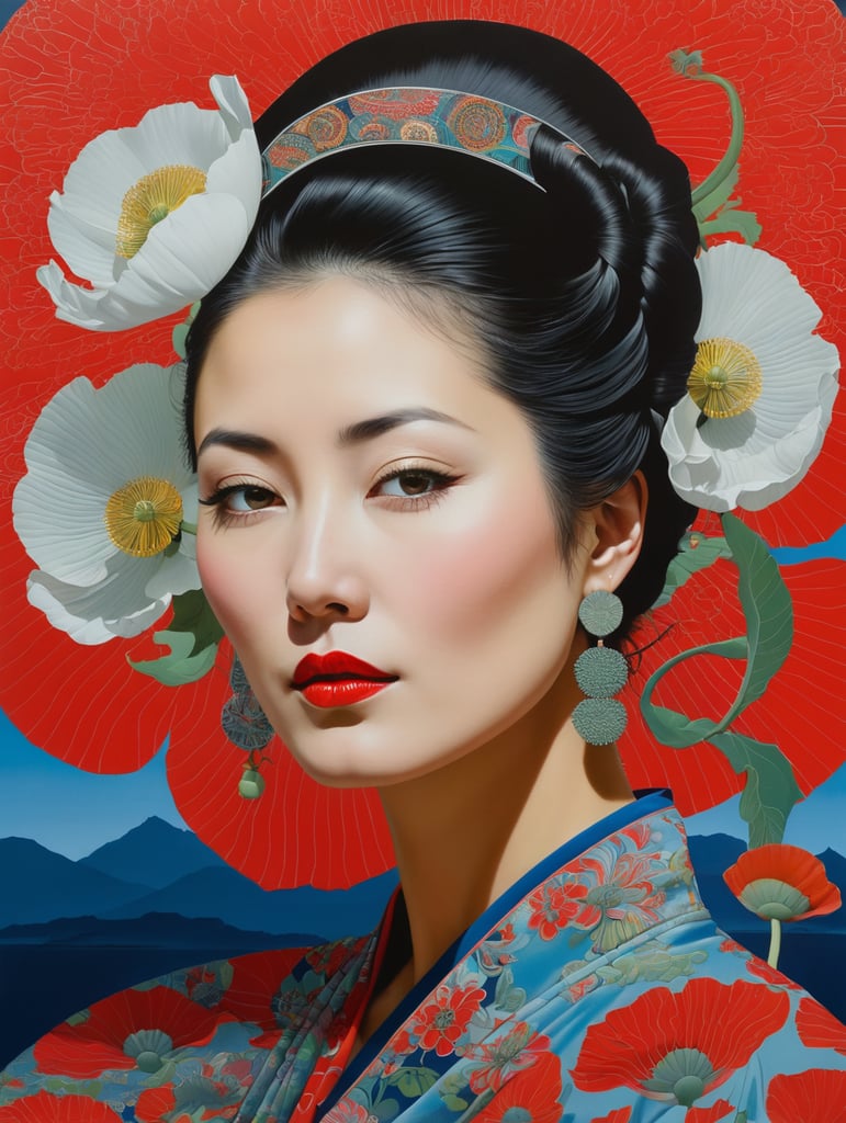 Hiroshi Nagai, ultrafine detailed painting of a woman with a n opium poppy flower in her hair, whimsical, detailed painting