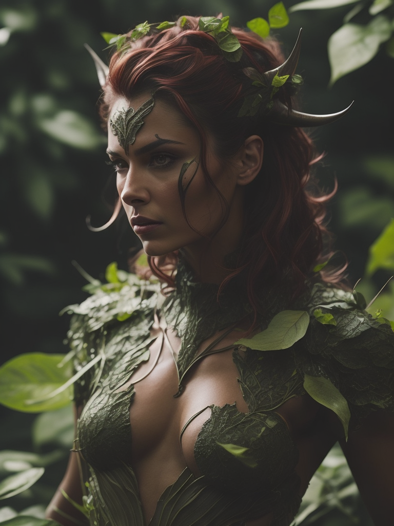 Ultrafine female pan, looking at the camera, front view, with short and curve horns, leaves on its hair, fire flyes around,god of nature, inspired by Poison Ivy from Batman, inspired by swamp thing, sharp details,