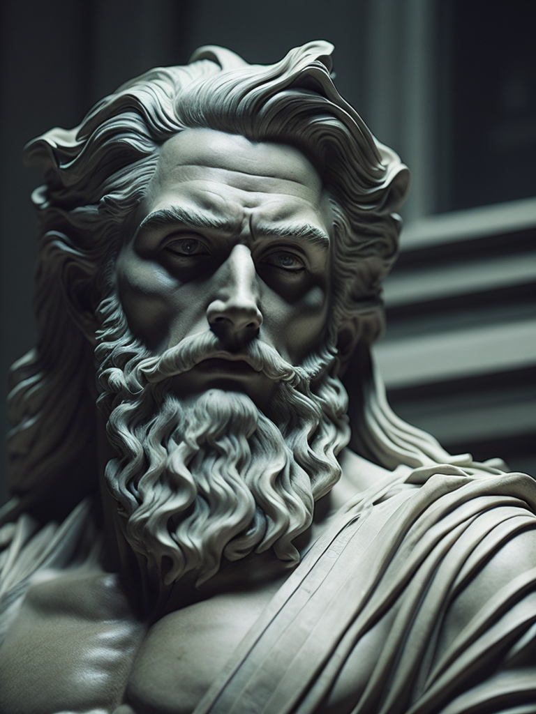 dark marble statue of zeus, dark atmosphere, sharp on details, tee shirt white