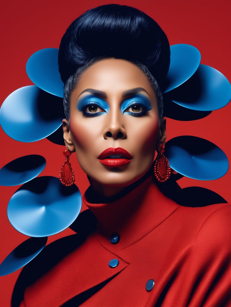 Donyale luna, avant-garde, simplygo, photoshoot spread, dressed in all red, blue background, harpers bizarre, cover, headshot, hyper realistic