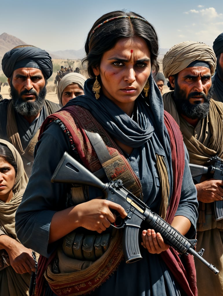 یک تصویر از گروه طالبان بساز که در حال تهدید یک دختر افغان با اسلحه باشد