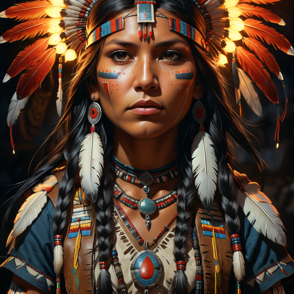 American Indian girl flat style, portrait,Oil Painting style,dramatic night lights, comics