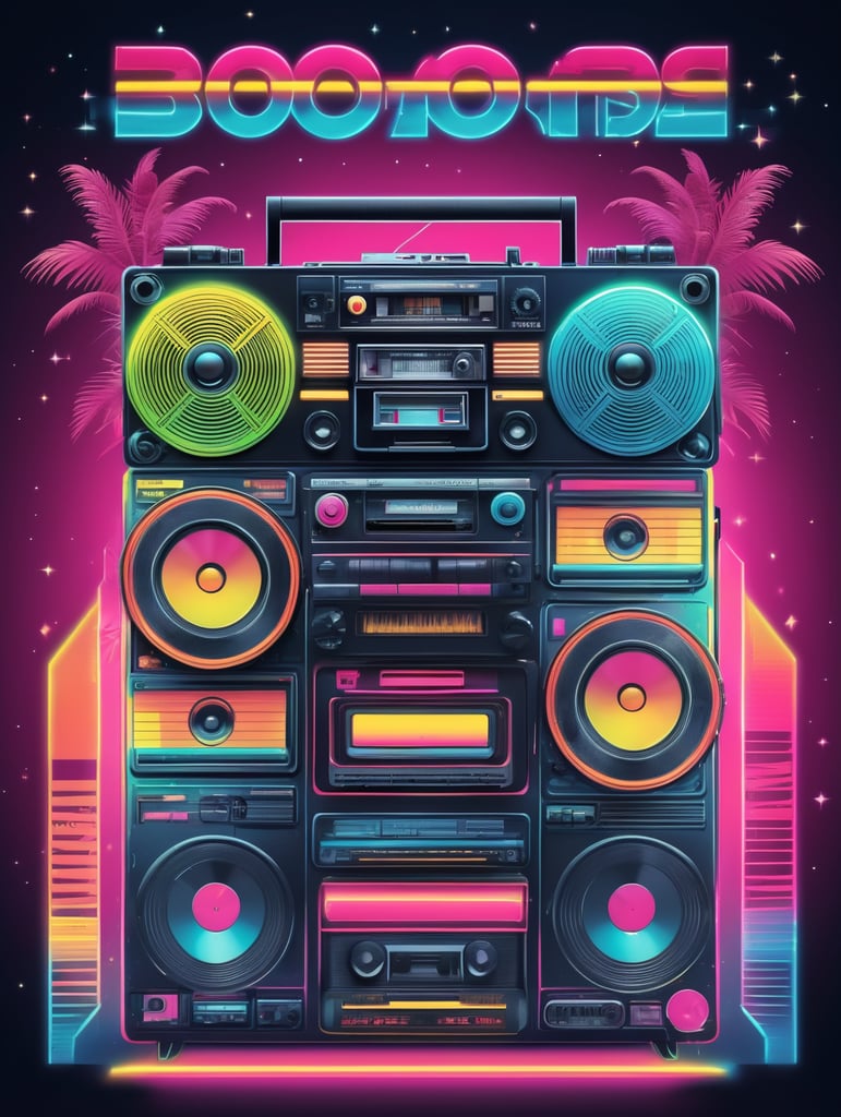 80's style retro party poster featuring boom box, cassettes, record player, neon, synthwave, disco vibes