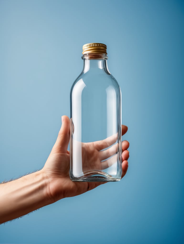 Hand holding a transparent Glass Bottle, Empty, Clean, Clear, isolated, blue background