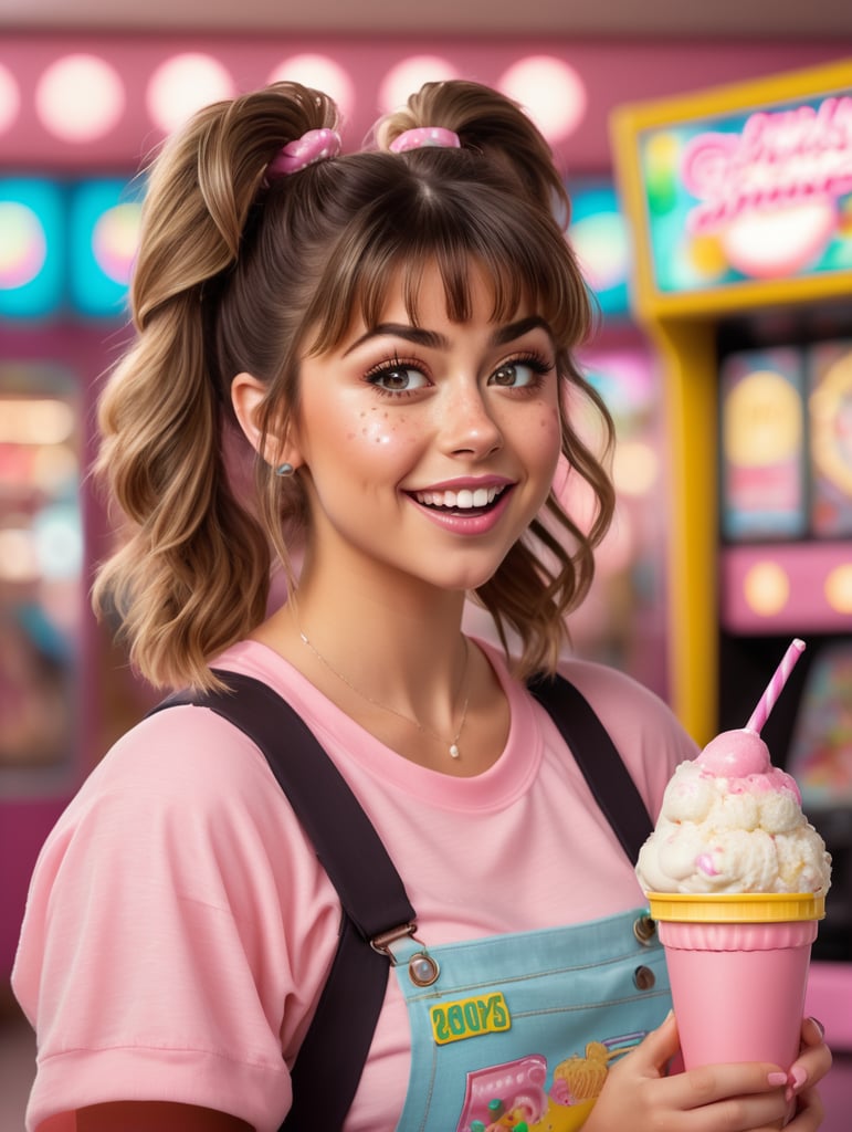 Sarah Hyland is a big chested 80s girl with fluffy hair with bangs and pigtails with scrunchies in them. She has a short pink top. She enjoys a ice cream. Some ice cream drops on her mouth and some ice cream drops on her shirt. Freckles on her face. Background is a 80s arcade.