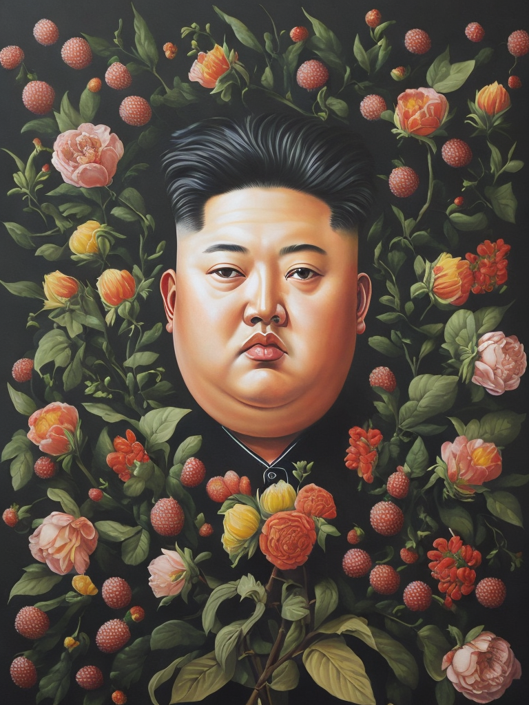a painting of Kim Jong Un head surrounded by flowers and fruit, Painting, Oil, Still Life, Botanical, Italy, style of Giuseppe Arcimboldo