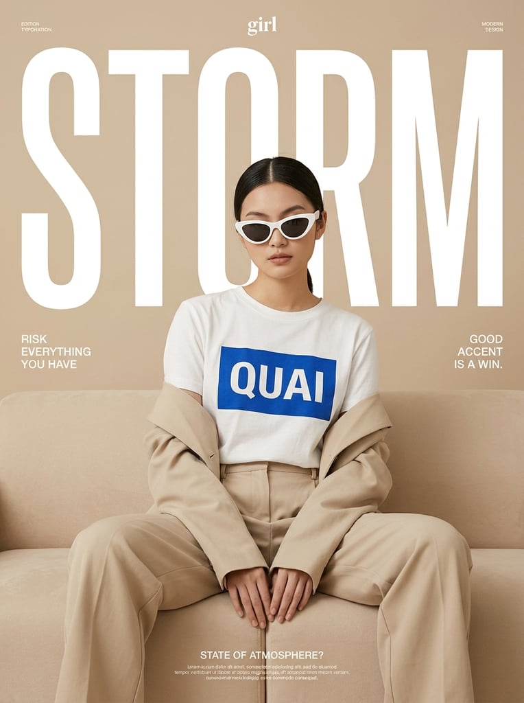 Create a fashion editorial poster with a minimalist beige background and a clean modern magazine aesthetic. Place a huge white uppercase word “STORM” across the top and behind the model as the main graphic element, bold and oversized, filling most of the upper composition. In the center, show a stylish young woman sitting in a relaxed pose on a soft beige sofa or lounge chair. She has sleek dark hair parted in the middle and tied back, a calm confident expression, and wears oversized white futuristic cat-eye sunglasses. Her outfit is neutral and minimal: a white T-shirt with a bold blue rectangular chest print reading “QUAI”, loose beige pants, and a beige jacket draped casually around her arms. Add small editorial text details around the layout, such as a tiny “girl” at the top center, small labels in the corners, and short fashion-style phrases on the left and right like “RISK EVERYTHING YOU HAVE” and “GOOD ACCENT IS A WIN.” At the bottom, include a small caption block with a heading like “STATE OF ATMOSPHERE?” and a few tiny lines of descriptive text. Style: clean editorial fashion poster, monochrome beige palette with white and blue accents, soft studio lighting, modern typography, minimal layout, high-end magazine cover feel, balanced composition, sharp focus, and polished contemporary branding.