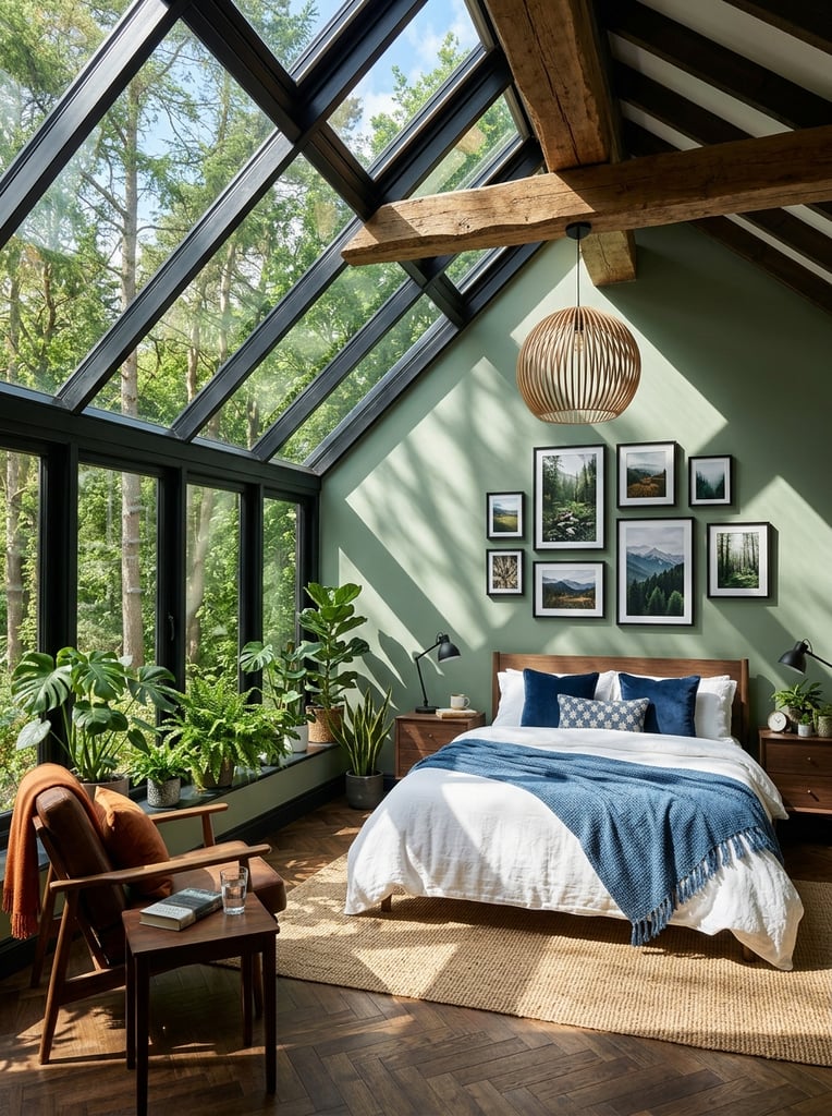 A sunlit modern bedroom features a dramatic slanted glass roof wall revealing a lush green forest canopy. A bed dressed in white linens, a blue tasseled throw, and dark blue pillows rests on a tan rug over dark parquet flooring. A mid-century wooden armchair with brown leather cushions sits beside dense potted plants clustered along the black-framed windows. A massive wooden ceiling beam suspends a spherical wooden pendant light. The adjacent sage green wall displays a gallery of framed landscape photographs above the bed, flanked by wooden nightstands and black table lamps. Bright directional sunlight pours through the glass, casting sharp geometric shadows across the green wall, crisp bedding, and floor.