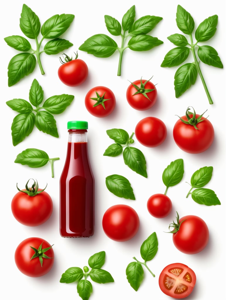 tomato ketchup bottle, red tomato with green leaves, isolated, white background