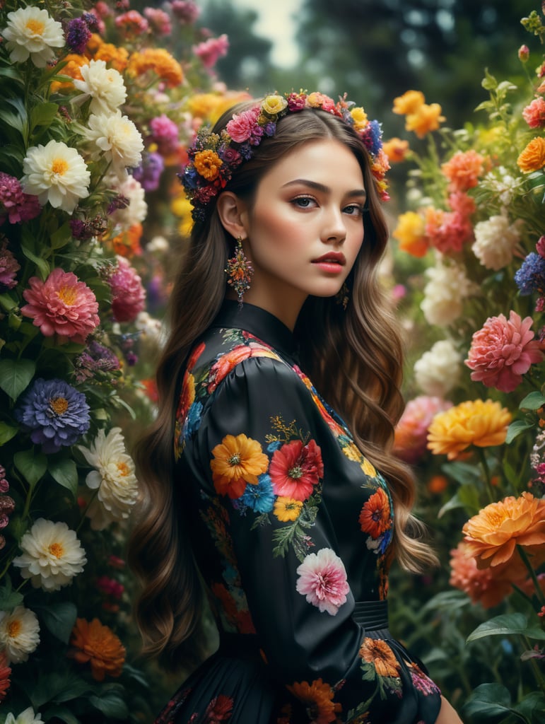 Girl in a blooming garden, fashion editorial, floral edition, millions of colorful flowers, analog fashion portrait, fashion photo of a portrait of a girl in profile with an open ear