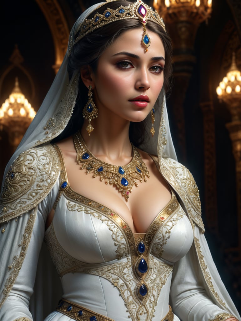 a woman, middle eastern, white princess clothing, cleavage