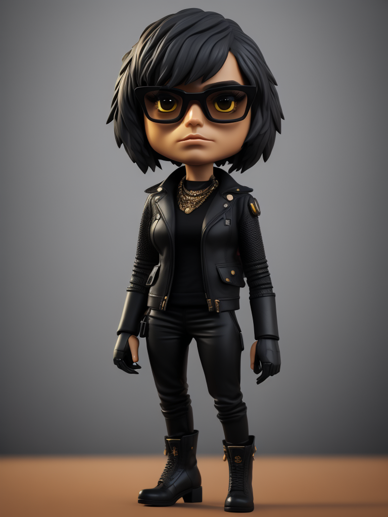 Full body Plastic figurine of a brutal chick, black glasses, leather jacket, black boots, 3d octane render, funko pop,