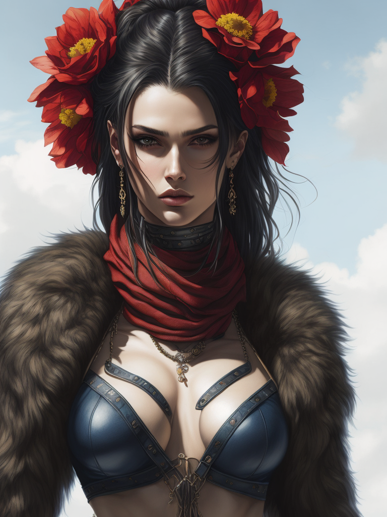 draw the girl is a model, standing tall, dressed in a fur coat, a colorful fur coat, flowers are depicted on the fur coat, a scarf on her head, an elegant pose, blue sky, summer, smears of oil paint, muted color, grain, Joe Madureira's Masterpiece inspired by Magali Villeneuve, Ann Stokes, Luis Royo and WLOP, 8k Ultra HD. --s 250