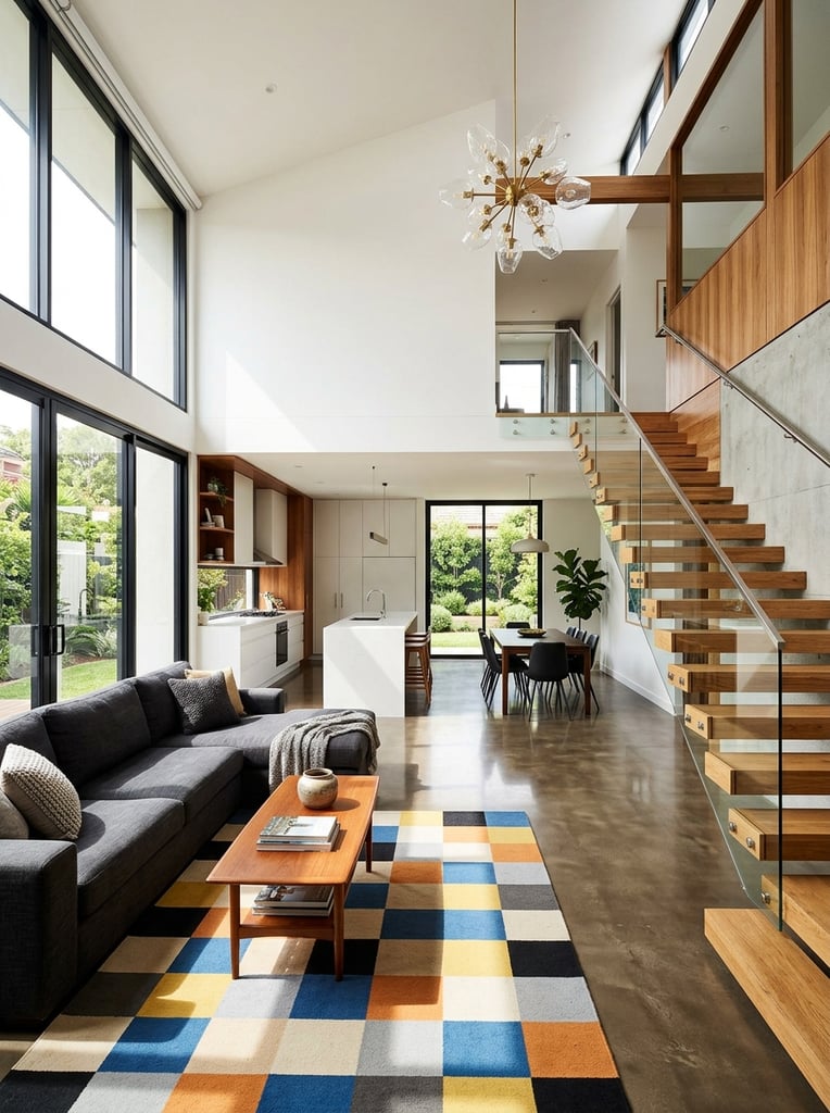 A brightly lit modern open-plan interior featuring a dark grey L-shaped sofa beside a vibrant checkered rug on polished floors. Sunlight floods through expansive black-framed windows, illuminating a sleek white kitchen island, dark dining set, and rich wood cabinetry. On the right, a floating wooden staircase with glass railings ascends beneath a double-height ceiling holding a sculptural glass chandelier. Wide-angle architectural photography emphasizing clean lines and high-contrast natural lighting.