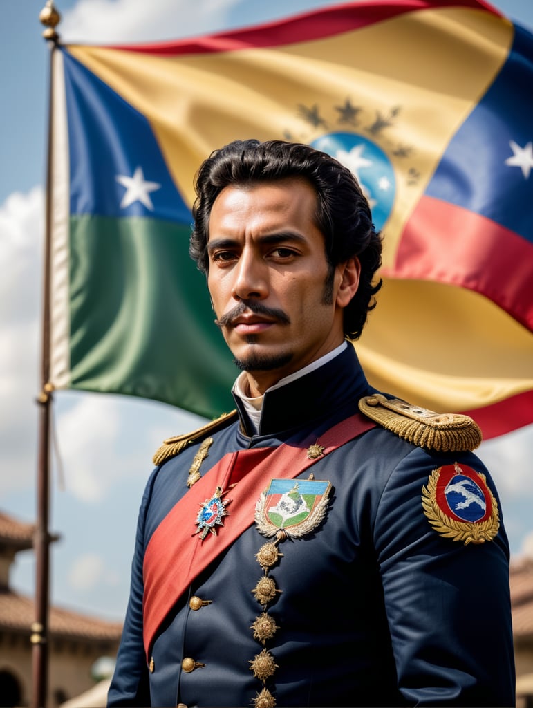 El Libertador Simón Bolívar vestido a la moda italiana moderna, pero estilo año 1810 y de fondo la bandera de Venezuela