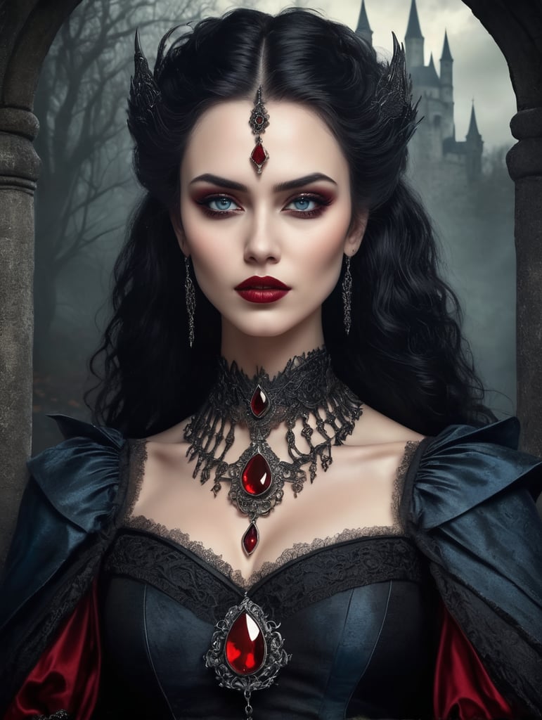 A highly textured image of a medieval fantasy powerful scary evil vampire queen. The image is in a portrait orientation with a 9:16 aspect ratio, resembling an old book painting. Image Details The vampire queen is depicted in a dark, ominous setting with a backdrop of a medieval castle or a dark forest. She is dressed in a long, flowing black gown with intricate details and textures, resembling a mix of medieval and Gothic styles. Her skin is pale and cold, with a subtle blue undertone, giving her an otherworldly appearance. Her eyes are piercing red, with vertical pupils, adding to her menacing and evil appearance. Her hair is long and dark, with subtle hints of red, flowing down her back like a river of night. She is adorned with dark, Gothic-inspired jewelry, including a choker with a large, blood-red gemstone. Her lips are full and red, curled into a cruel smile, revealing her sharp fangs. Artistic Style The image is created in a style reminiscent of old book paintings, with a mix of medieval and Gothic