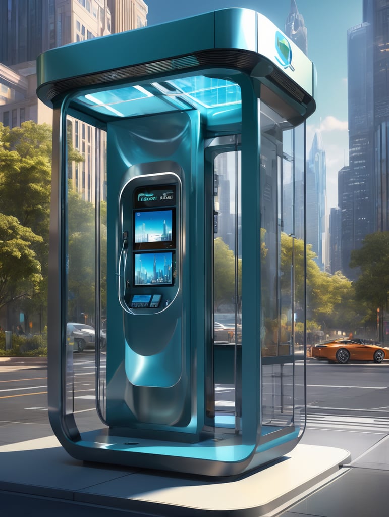 A sleek, state-of-the-art telephone booth with cutting-edge technology and solar power integration, presented through a professional digital illustration style. In the spirit of concept artist Syd Mead, this image showcases a futuristic, cityscape backdrop. The booth exudes minimalism and sophistication with its clean lines and advanced touchscreens. The color palette is a mix of cool, futuristic blues and vibrant, eco-friendly greens. Facial expressions are determined and focused, bathed in the glow of a digitally enhanced atmosphere, demonstrating the embodiment of professionalism in modern technology. --v 5 --stylize 1000