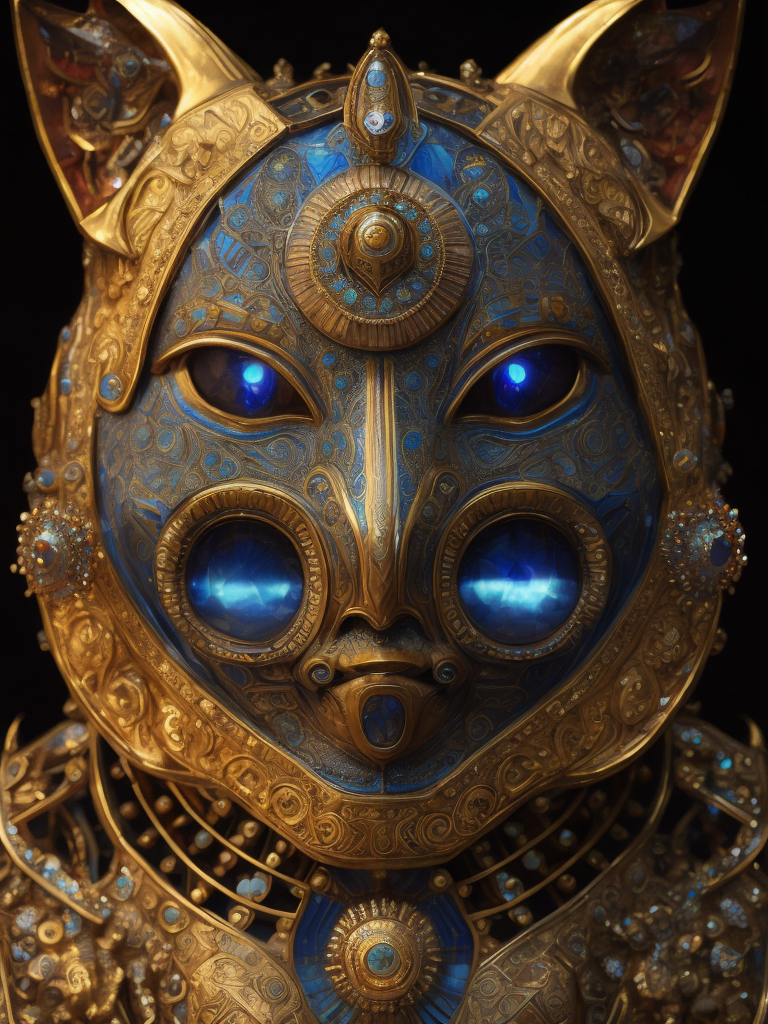 Masterpiece sculpture of an ornate bejeweled mechanical robot cat face, by annie swynnerton and diego rivera and nicholas roerich and jean delville, symbolist, dramatic lighting, god rays, elaborate geometric ornament, art brut, rich colors, smooth, sharp focus, extremely detailed, adolf wolfli and donato giancola