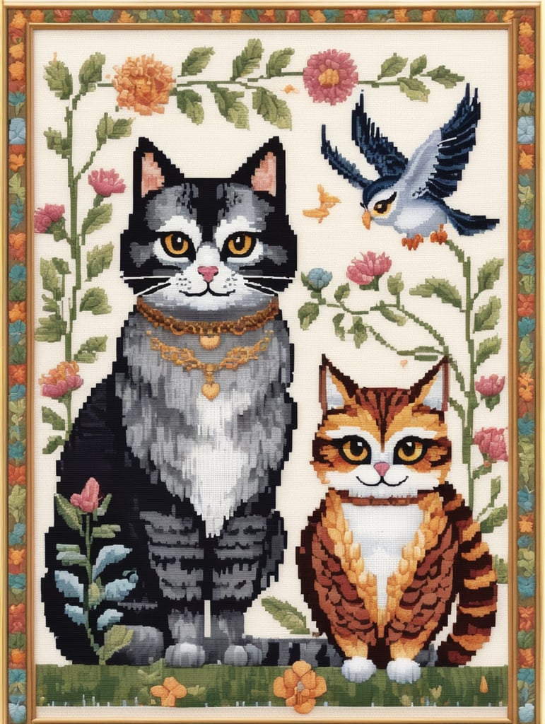 Create a cross stitch style image, using DMC thread colours. Based on "The Owl and the Pussycat" poem. Should be cute. Must include a picture of a cat and an owl