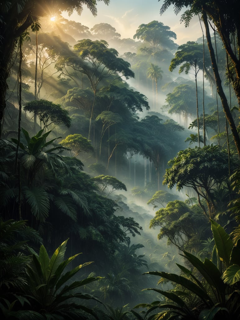 (((digital painting style))) Jungle with misty atmosphere, conceptual ilustration, golden hour, digital painting effect, Dusan Markovic style, masterpiece, utra quality, extreme details