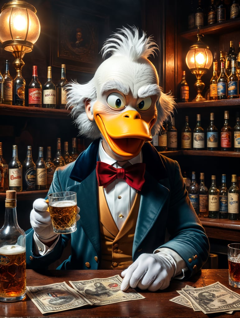 Скрудж Макдак (англ. Scrooge McDuck) или дядя Скрудж (англ. Uncle Scrooge) — персонаж мультфильмов, сказок и комиксов, антропоморфный селезень-миллиардер шотландского происхождения из города Глазго[4], главный герой диснеевского мультсериала «Утиные истории» Создать картинку, где главный герой выпивает в баре, стиль 90-е года