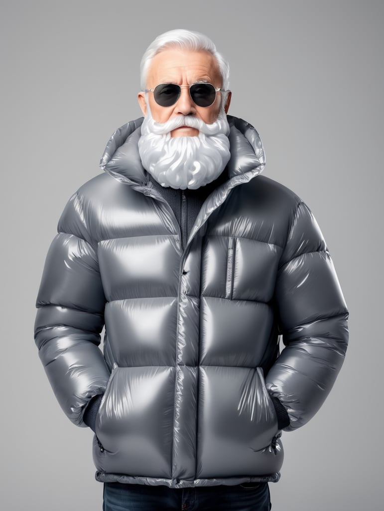 Inflatable white minimalist old man with beard puffer jacket, transparent, isolated, grey background, mockup