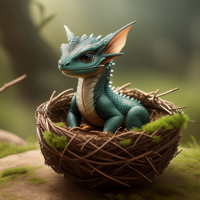 RAW photo, high resolution, (((masterpiece))), baby dragon in a nest, intricate dry twigs, dew drops, prehistoric forest background, very detailed, 8k, sharp, fantasy, (((photorealistic))), award-winning movie poster, UHD, HDR, octane render, unreal engine 5