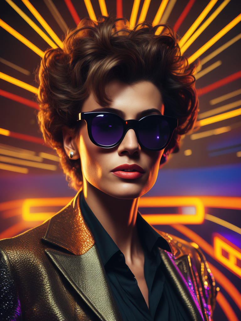 portrait of a woman in an 80's disco wearing sunglasses , in the style of retro funk art, disco themed, Annie Leibovitz, wild and daring, iconic album covers, lively movement, ultimate realism, --ar 53:64
