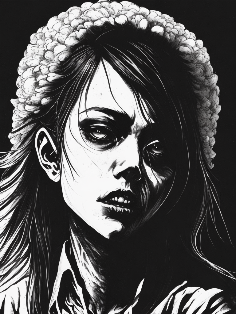 zombie girl illustration, painting, manga, horror, b , Japan, style of Junji Ito