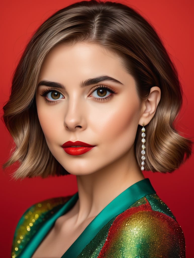 Portrait of Sami gayle, Bright colors, contrasting light, high detail, red background, red lipstick,