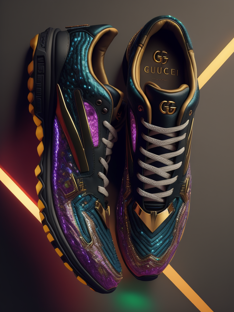 gemstone-embellished Gucci fashions with luminous lines and sequins. hyper realistic image of hi-tech sports puffy sneakers modern fashion, deep atmosphere, saturation, vibrance, sharp on details