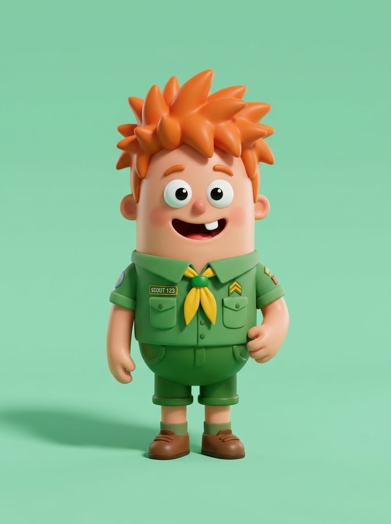 A 3D cartoon boy with a pill-shaped body, spiky orange hair, and a wide single-toothed smile. He wears a green scout uniform and yellow neckerchief. The character stands against a solid mint green background with soft lighting, smooth toy-like textures, and a leftward shadow.