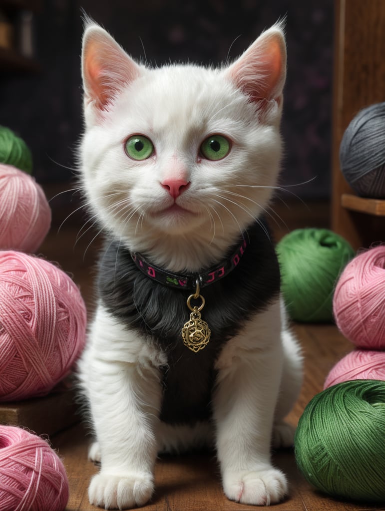 Котёнок Бело черный с зелёными очеровательными глазками с розовым носом с клетками ниток на фоне комнаты