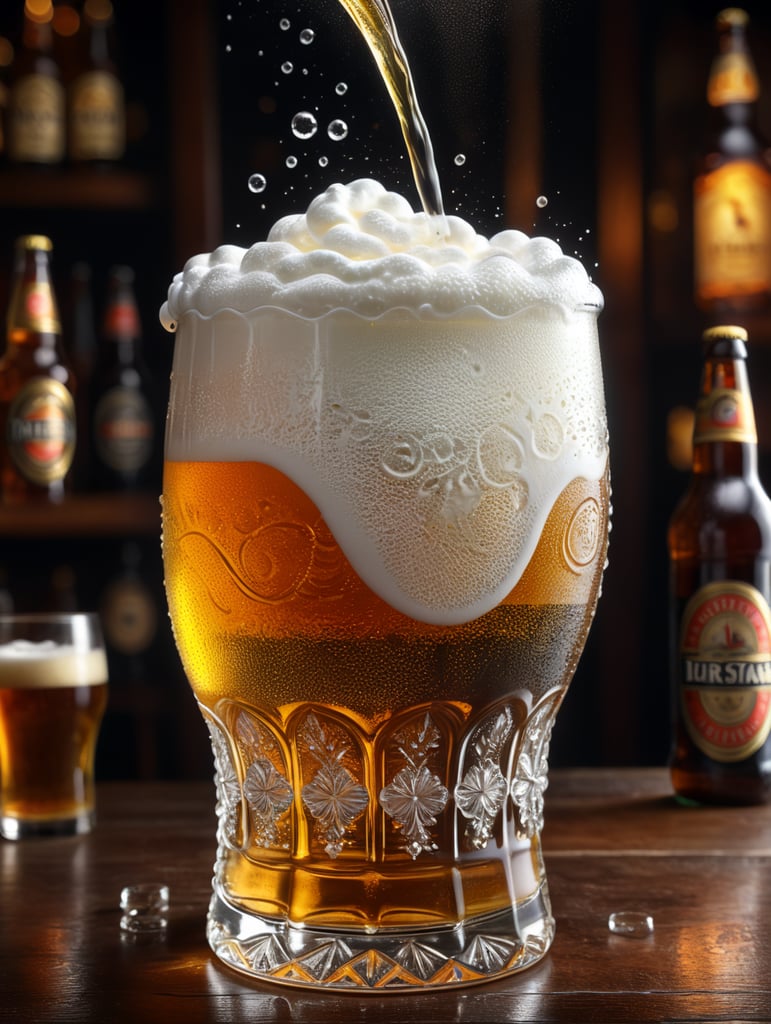 A stunning interpretation of extreme one pint of beer, one ihch of white foam on top, transparent beer, tiny gas bubbles inside glass, advertisement, highly detailed and intricate, hypermaximalist, ornate, luxury
