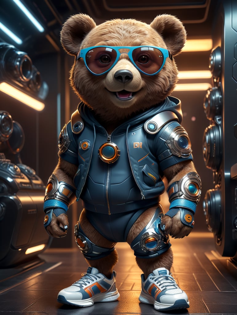 cute stylish bear dressed in stylish futuristic sportswear, big sneakers and futuristic glasses, smiling