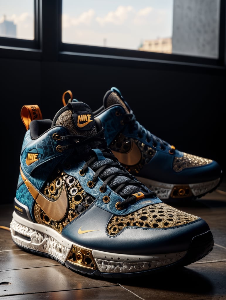 Nike sneakers made out gears, wires, mechanical, electronics, pcb, hyper-realis, futurist, stunning unreal engine render, product photography 8k, hyper-realistic. surrealism