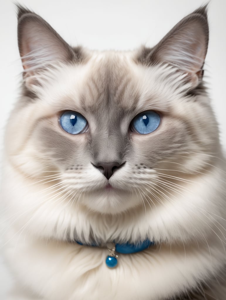 Ragdoll cat with blue eyes looking at the camera. Smiling face. Shot in studio on white background