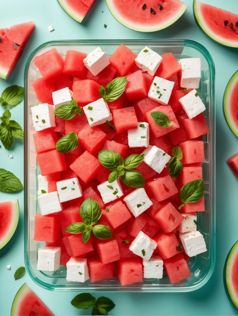 Watermelon Salad with Feta and Mint in a transparent plastic tray, top view, isolated, mockup