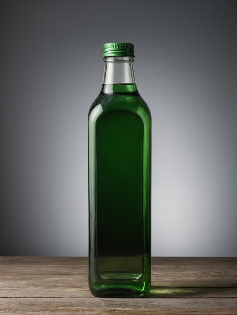 square Green glass bottle with mineral water mockup, no label, isolated, grey background