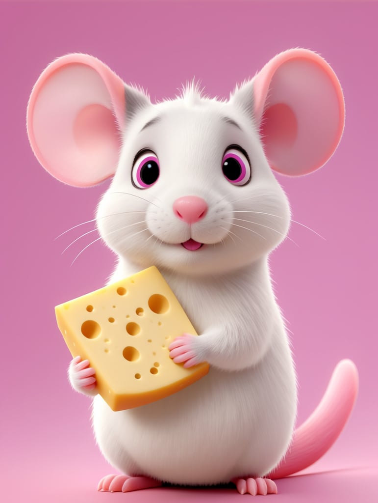 cute pink rat holding a cheese