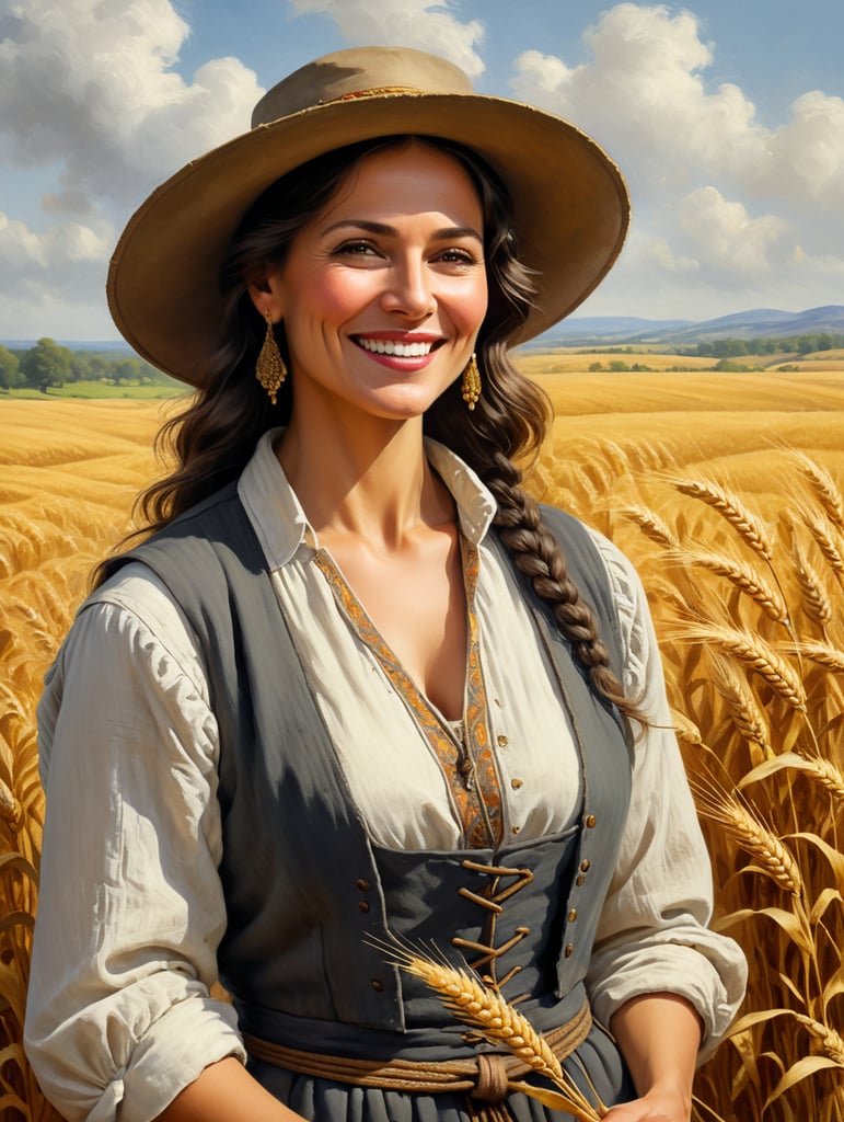 Create a pictorial illustration that shows a woman in her 50s with a friendly smile and a wide-brimmed hat. She has dark hair and wears an old peasant outfit, a white shirt and gray vest. She holds a sheaf of golden wheat in her hands. The wheat looks fresh and well preserved. The painting has an oil painting style and presents rich details in the textures of the clothes, the wheat and the features of the woman's face. he must wear period clothes of a peasant woman. Make it look like it was made by a Renaissance-era artist.