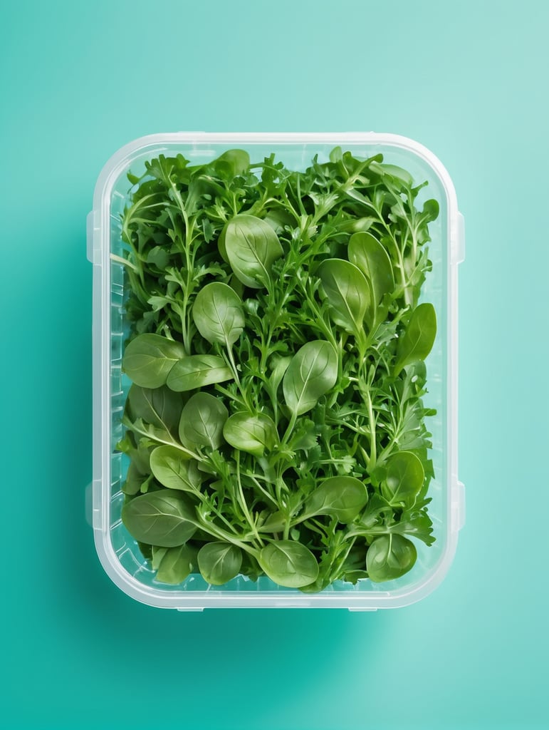 blank Transparent Plastic Container with Arugula Salad, isolated, cyan background, Mockup, mock up