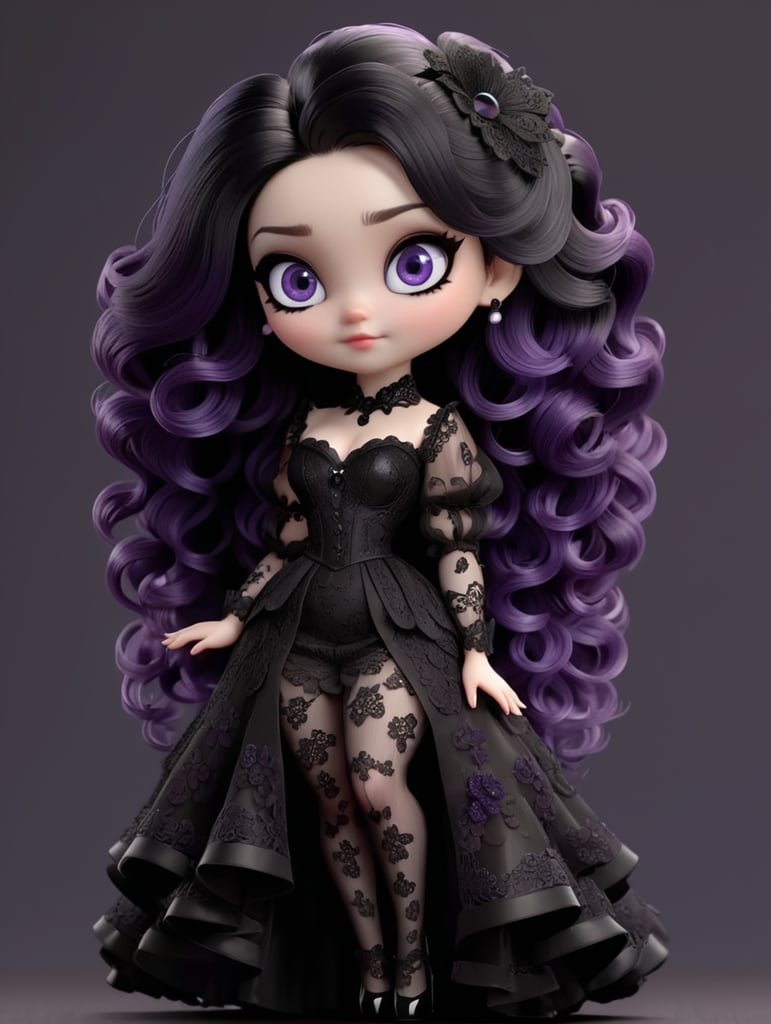 chibi. 3D . Black wavy hair. Black lace outfit. Purple eyes. Pale skin. Long black nails. 4k Quality. Dark background.