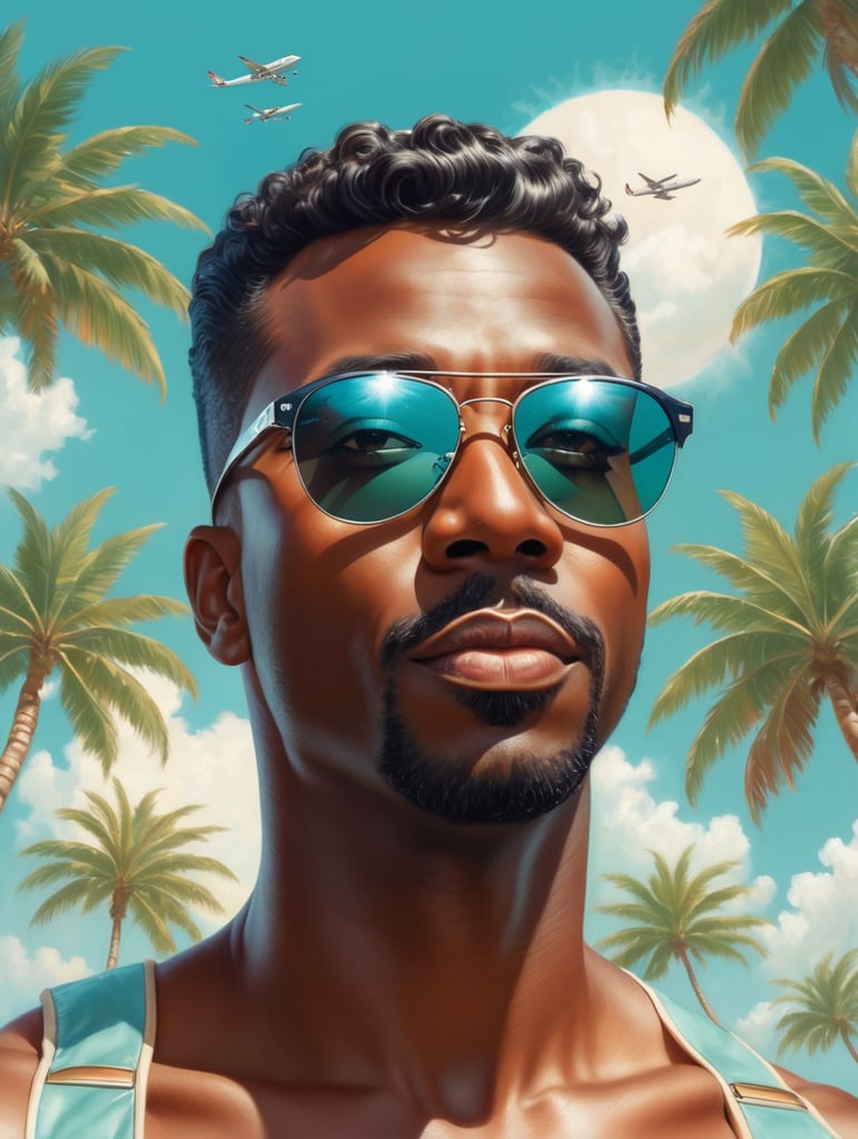 Pin up art, portrait, a black man raised his head up, looks at the sky, sunglasses, one airplane flies in a clear sky and leaves a mark, summer, palms around, palms reflected on a sunglasses, turquoise shades, style by Gil Elvgren