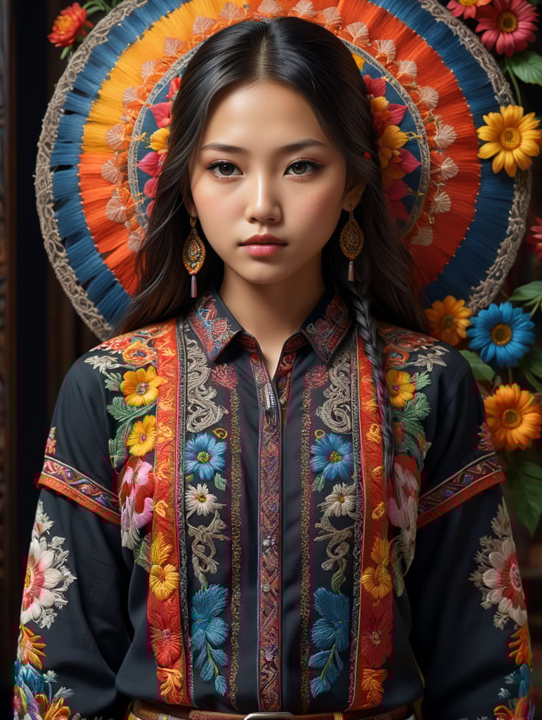 A young Japanese native American girl stands proudly in his traditional embroidered shirt, surrounded by vibrant colors and intricate patterns. The 8K Ultra HD resolution captures every detail of his outfit, from the delicate stitching to the rich textures. With the use of octane render, this 3D image comes to life in a stunning isometric view.