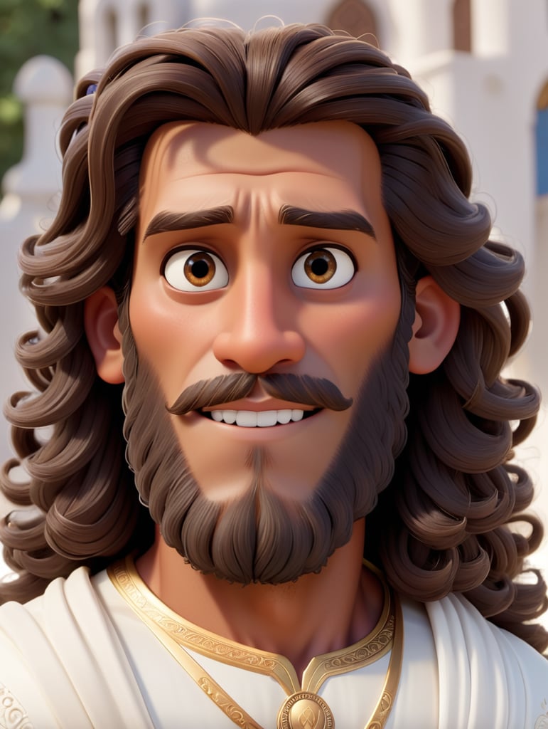 Jesus with middle eastern features, whose eyes a grey and whose skin is light brown, and long curly brown hair, with a puffy beard, and slightly muscular, with heaven behind him, wears a white dress.